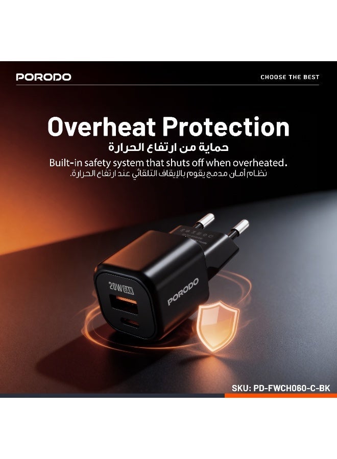 porodo GaN Dual-Port USB-A & Type-C QC 18W Quick Charger PD  20W Fast Charging with Simultaneous Charging & Built-In Safeguards / Reliable Companion / Over-Heat Protection / Type-C to Type-C Cable Included - Black - Image 5
